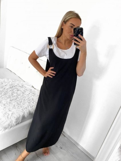 Šaty na ramínka tričko krátký rukáv dámské nadrozměr (38/40 ONE SIZE) ITALSKÁ MÓDA IM424037/DUR (Velikost 38/40, Barva Černá)