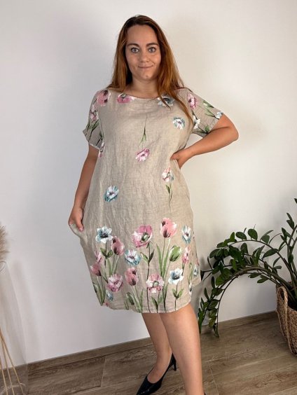 Šaty lněné krátký rukáv dámské nadrozměr (42/44/46 ONE SIZE) ITALSKÁ MODA IM7250002/DU (Velikost 44/46, Barva béžová)