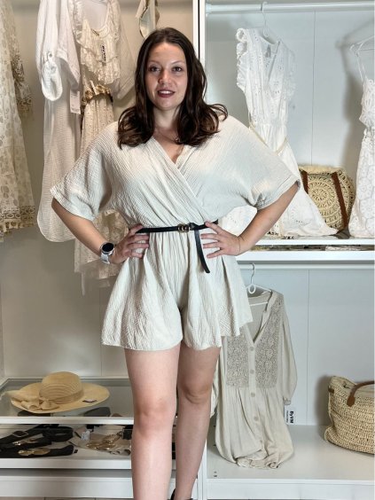 Overal krátký krátký rukáv mušelín dámský (S/M/L ONE SIZE) ITALSKÁ MÓDA IMWA24518/DUR (Velikost S/M/L, Barva béžová)