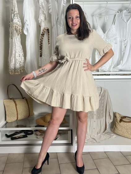 Šaty letní mušelín krátký rukáv dámské BELLA (S/M/L ONE SIZE) ITALSKÁ MÓDA IMWGS251112/DU (Velikost S/M/L, Barva béžová)