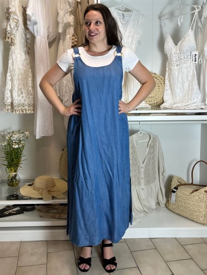 Šaty letní dlouhé na ramínka s tričkem dámské TINA (S/M/L ONE SIZE) ITALSKÁ MÓDA IMSM251118/DU (Velikost S/M/L, Barva modrá)