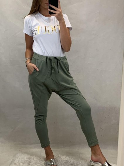 Tepláky baggy nízký sed dámské bavlněné (M/L ONE SIZE) ITALSKÁ MÓDA IMD21121/DR (Velikost S/M/L, Barva zelená khaki)