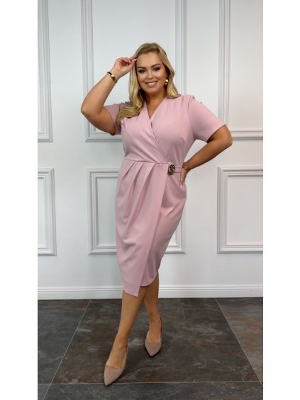 Šaty společenské elegantní krátký rukáv dámské nadrozměr MOLLY (44-52 ONE SIZE) POLSKÁ MÓDA PMLBT25MOLLY/DU (Velikost 44, Barva růžová starorůžová)