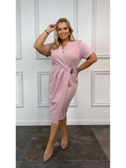Šaty společenské elegantní krátký rukáv dámské nadrozměr MOLLY (44-52 ONE SIZE) POLSKÁ MÓDA PMLBT25MOLLY/DU (Velikost 44, Barva růžová starorůžová)