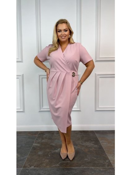 Šaty společenské elegantní krátký rukáv dámské nadrozměr MOLLY (44-52 ONE SIZE) POLSKÁ MÓDA PMLBT25MOLLY/DU (Velikost 44, Barva růžová starorůžová)