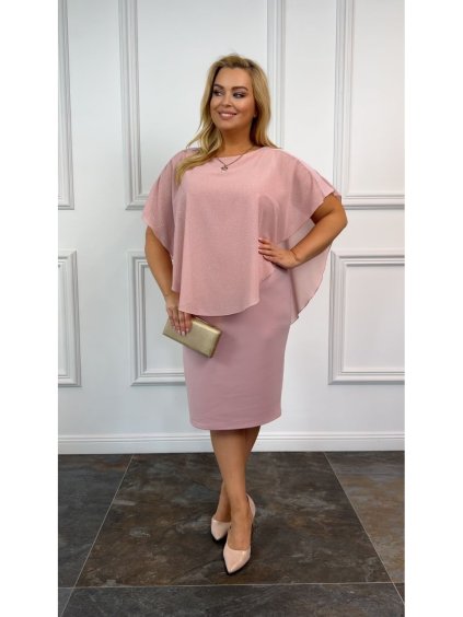 Šaty společenské elegantní krátký rukáv dámské nadrozměr CALVADOS(44-54 ONE SIZE) POLSKÁ MÓDA PMLBT25CALVADOS/DU (Velikost 44, Barva růžová)