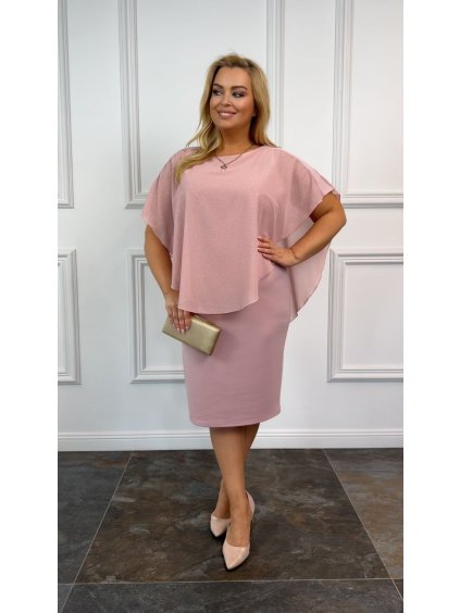 Šaty společenské elegantní krátký rukáv dámské nadrozměr CALVADOS(44-54 ONE SIZE) POLSKÁ MÓDA PMLBT25CALVADOS/DU (Velikost 44, Barva růžová)