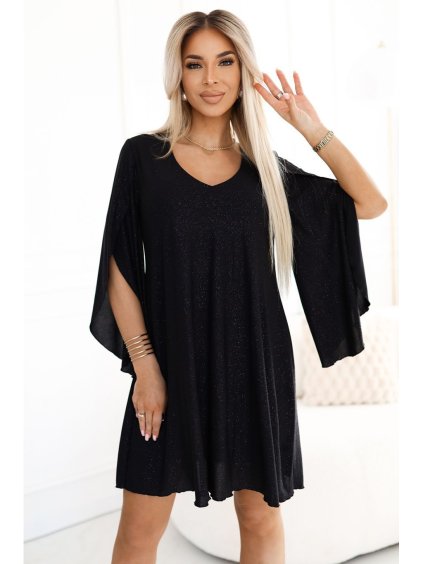 597-1 LIVIA Elegantní trapézové šaty s motýlími rukávy - černé s třpytkami (Velikost S/M)