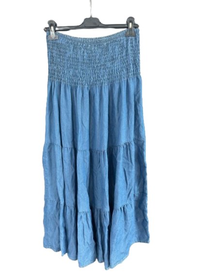 Šaty alá sukně letní žabičkované riflové dámská (S/M/L ONE SIZE) ITALSKÁ MÓDA IM721076/DU (Velikost S/M/L, Barva světle modrá)