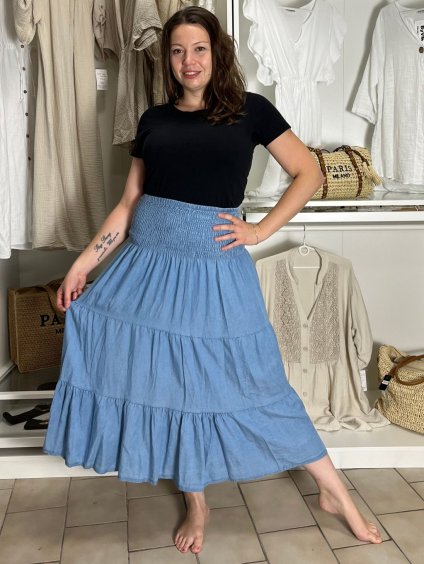 Šaty alá sukně letní žabičkované riflové dámská (S/M/L ONE SIZE) ITALSKÁ MÓDA IM721076/DU (Velikost S/M/L, Barva světle modrá)