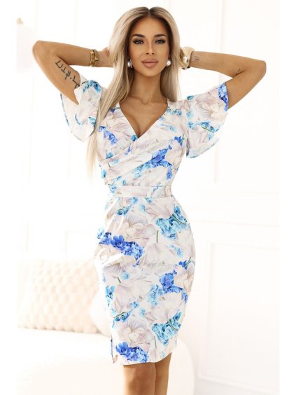 Šaty 479-8 NINA s psaníčkovým výstřihem, rukávy a páskem - modrý květinový vzor (Velikost XS)