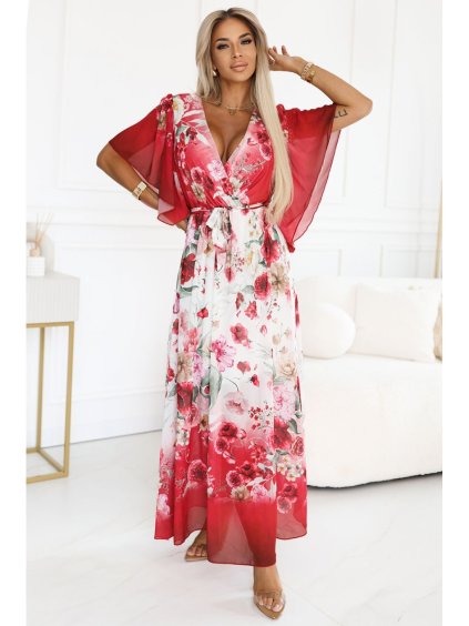 603-1 Vzdušné zavinovací maxi šaty s květinovým vzorem – červené růže (Velikost UNI)