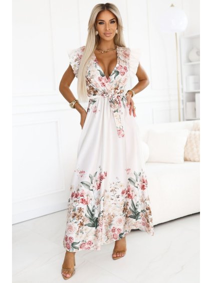 609-1 Saténové maxi šaty s hlubokým výstřihem a květinovým ombré vzorem – boho elegance (Velikost UNI)