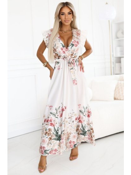 609-1 Saténové maxi šaty s hlubokým výstřihem a květinovým ombré vzorem – boho elegance (Velikost UNI)