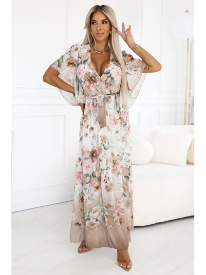 603-2 Vzdušné zavinovací maxi šaty s květinovým vzorem – béžové růže (Velikost UNI)