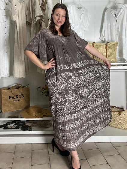 Šaty volnočasové letní krátký rukáv dámské nadrozměr LAJLA (54/56/58 ONE SIZE) INDICKÁ MÓDA PME25N-5611-D/DR (Velikost 54/56/58, Barva hnědá)