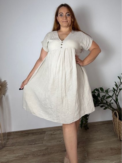 Šaty volnočasové letní mušelínové krátký rukáv dámské nadrozměr SIMONE (46/48/50 ONE SIZE) ITALSKÁ MÓDA IM425466/DUR (Velikost 46/48/50, Barva béžová)