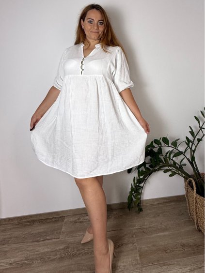 Šaty letní mušelínové 3/4 dlouhý rukáv dámské nadrozměr (46/48/50 ONE SIZE) ITALSKÁ MÓDA IMPEM25XA281/DUR (Velikost 46/48/50, Barva bílá)