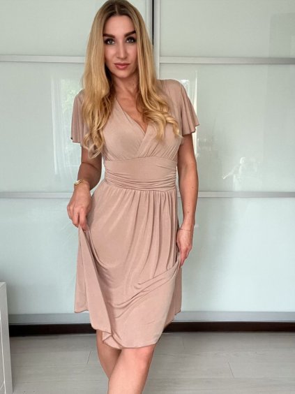 Šaty letní elegantní krátký rukáv dámské (XS/S/M ONE SIZE) ITALSKÁ MÓDA IMWB251250/DU (Velikost XS/S/M, Barva béžová)
