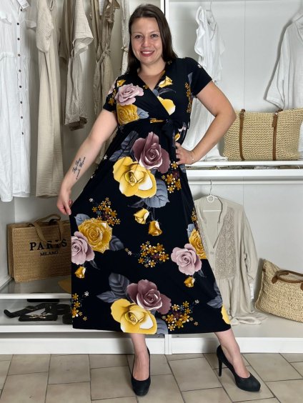Šaty dlouhé letní krátký rukáv dámské VESNA (S/M/L ONE SIZE) ITALSKá MóDA IM3251111-1/DUR (Velikost S/M/L, Barva Černá)
