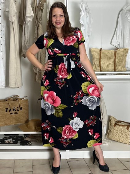 Šaty dlouhé letní krátký rukáv dámské VESNA (S/M/L ONE SIZE) ITALSKá MóDA IM3251111-3/DUR (Velikost S/M/L, Barva Černá)