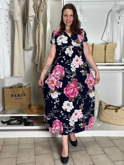 Šaty dlouhé letní krátký rukáv dámské VESNA (S/M/L ONE SIZE) ITALSKá MóDA IM3251111-4/DUR (Velikost S/M/L, Barva tmavě modrá)
