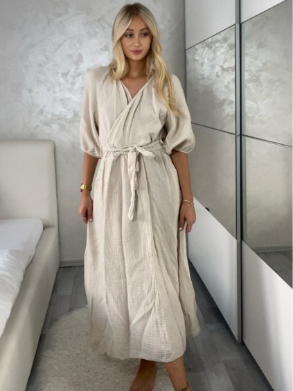 Šaty letní s páskem mušelínové krátký rukáv dámské HANNAH (M/L/XL ONE SIZE) ITALSKÁ MÓDA IMD24242/DR (Velikost M/L/XL, Barva béžová)