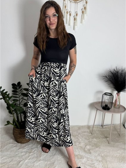 Šaty dlouhé elegantní letní s krátkým rukávem  dámské SILVIA (S/M/L ONE SIZE) ITALSKÁ MÓDA IMC25310-2/DUR (Velikost S/M/L, Barva Černo-bílá)