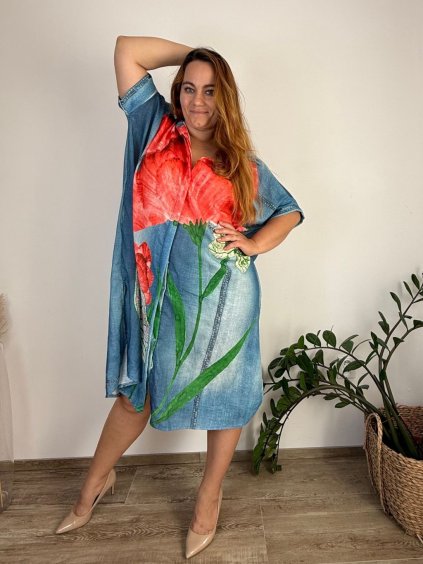 Šaty dlouhé košilové 3/4 dlouhý rukáv dámské nadrozměr (56/58 ONE SIZE) ITALSKÁ MÓDA IMWGS24535-B/DR (Velikost 56/58, Barva modrá)