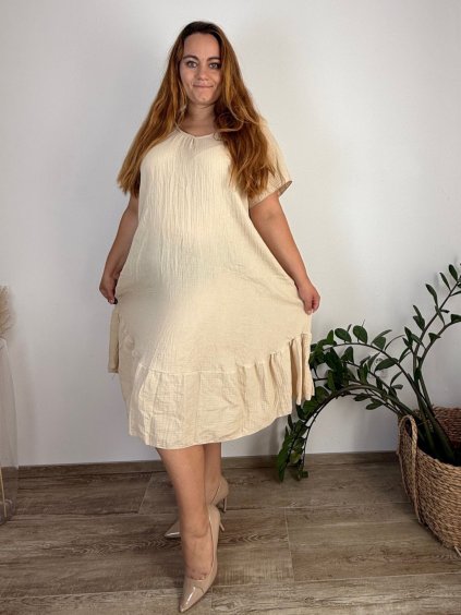 Šaty mušelínové krátký rukáv dámské nadrozměr (54/56/58 ONE SIZE) ITALSKÁ MÓDA IMWEC24186/DR (Velikost 56/58, Barva béžová)