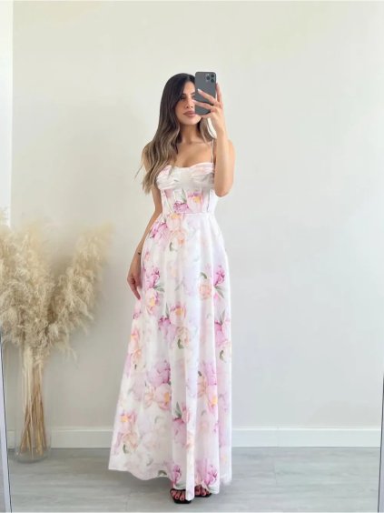 Šaty dlouhé letní květované na ramínka dámské (S/M/L ONE SIZE) ITALSKÁ MÓDA IMPBB25B26651/DUR (Velikost S/M/L, Barva bílá)