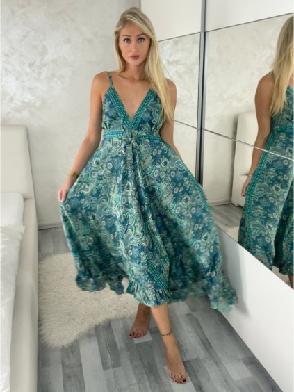 Šaty dlouhé letní na ramínka dámské RAMONA (S/M/L ONE SIZE) INDICKÁ MÓDA IMWKA251062-3/DU (Velikost S/M/L, Barva modrá)