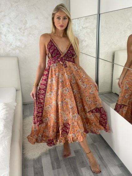 Šaty dlouhé letní na ramínka dámské RAMONA (S/M/L ONE SIZE) INDICKÁ MÓDA IMWKA251062-6/DU (Velikost S/M/L, Barva oranžová)
