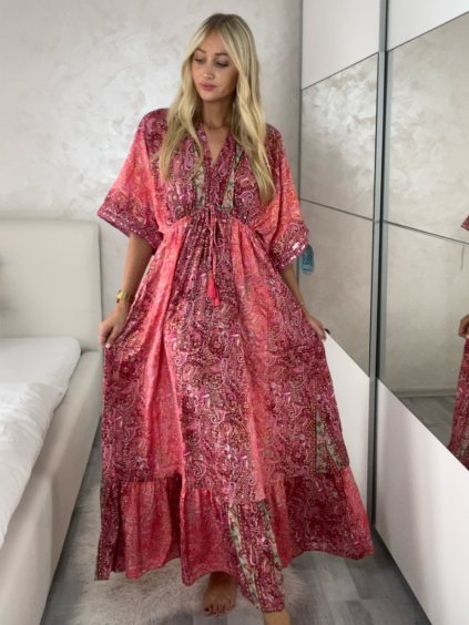 Šaty dlouhé letní dlouhý rukáv dámské LAJLA (S/M/L ONE SIZE) INDICKÁ MÓDA IMWKA25HE309G-1/DU (Velikost S/M/L, Barva růžová)