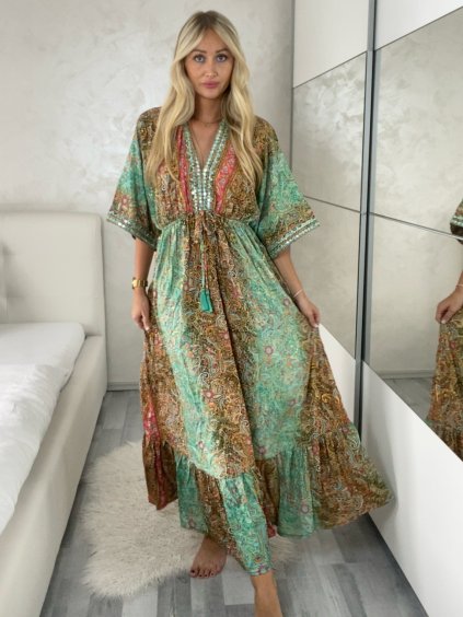 Šaty dlouhé letní dlouhý rukáv dámské LAJLA (S/M/L ONE SIZE) INDICKÁ MÓDA IMWKA25HE309G-2/DU (Velikost S/M/L, Barva zelená)