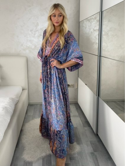 Šaty dlouhé letní dlouhý rukáv dámské LAJLA (S/M/L ONE SIZE) INDICKÁ MÓDA IMWKA25HE309G-3/DU (Velikost S/M/L, Barva tmavě modrá)