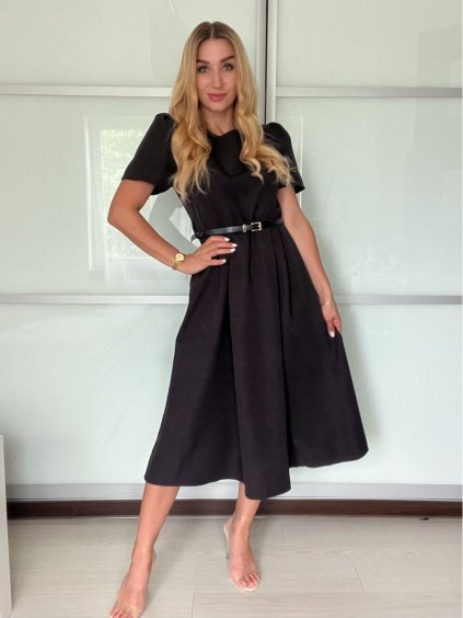 Šaty letní elegantní s páskem krátký rukáv dámské (XS/S/M ONE SIZE) ITALSKÁ MÓDA IMWB251273/DU (Velikost S/M, Barva Černá)