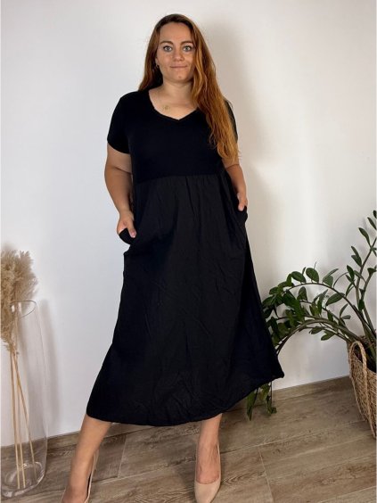 Šaty dlouhé volnočasové letní krátký rukáv dámské nadrozměr LOLA (44/46/48 ONE SIZE) ITALSKÁ MÓDA IM425448/DR (Velikost 44/46/48, Barva Černá)