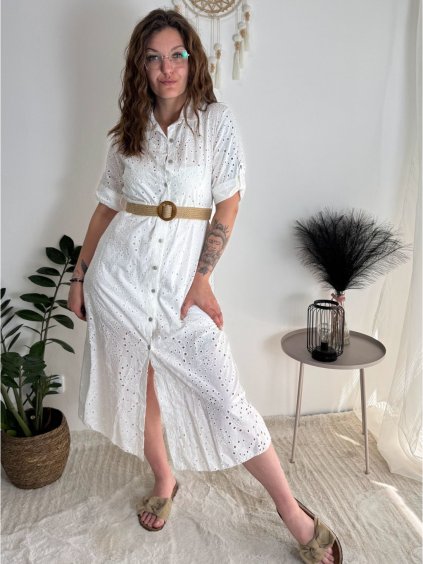 Šaty letní boho madeira krajkové košilové s páskem krátký rukáv dámské (S/M ONE SIZE) ITALSKÁ MÓDA IMPEM252191/DUR (Velikost S/M/L, Barva bílá)