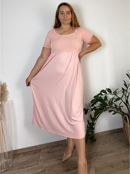 Šaty dlouhé volnočasové letní krátký rukáv dámské nadrozměr NINA (42/44/46 ONE SIZE) ITALSKÁ MÓDA IM425482/DU (Velikost 42/44/46, Barva růžová světlá)