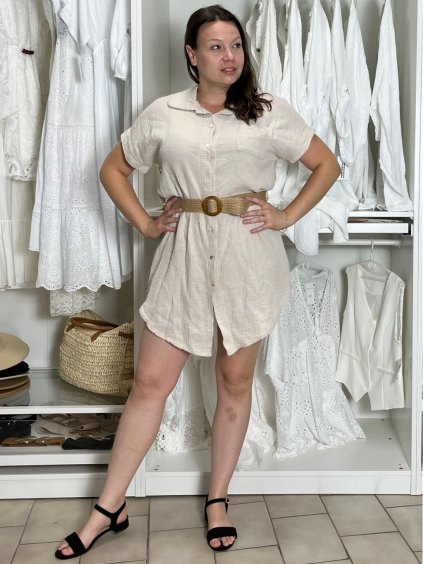 Šaty s páskem letní mušelínové krátký rukáv dámské AIDA (S/M/L ONE SIZE) ITALSKÁ MÓDA IM424370/DU (Velikost S/M/L, Barva béžová)