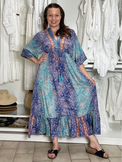 Šaty dlouhé letní dlouhý rukáv dámské LAJLA (S/M/L ONE SIZE) INDICKÁ MÓDA IMWKA25HE309G-5/DU (Velikost S/M/L, Barva modrá)