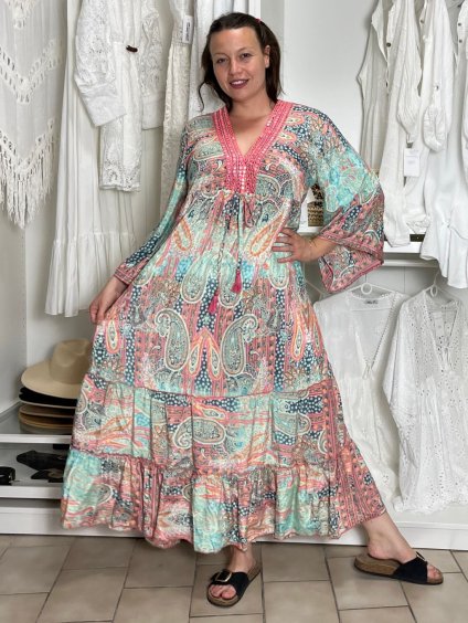 Šaty dlouhé letní dlouhý rukáv dámské (M/L/XL ONE SIZE) INDICKÁ MÓDA IMWKA25CE-301-7/DU (Velikost M/L/XL, Barva světle zelená)