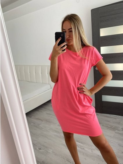 Šaty klasik neon krátký rukáv dámské (S/M ONE SIZE) ITALSKÁ MÓDA IMM24M148727/DU (Velikost S/M/L, Barva růžová neon)