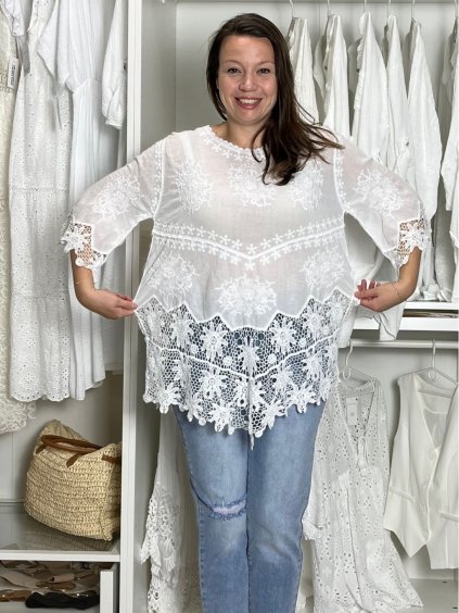 Tunika krajkové letní plážové přes plavky 3/4 rukáv dámské SELENA (S/M/L onesize) ITALSKÁ MÓDA IMB24112/DU (Velikost S/M/L, Barva bílá)