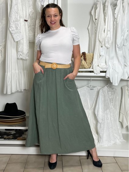 Sukně s páskem mušelín dlouhá dámská MELANI (S/M/L ONE SIZE) ITALSKá MóDA IMSM241119/DU (Velikost S/M/L, Barva zelená khaki)