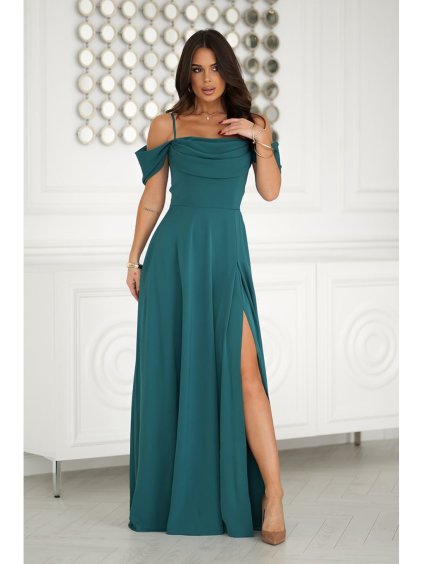Šaty dlouhé společenské na ramínka dámské  (34-48) POLSKÁ MÓDA PMLBC24320-13/DR (Velikost 34, Barva zelená smaragdová)