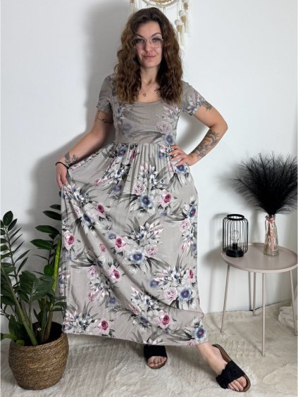 Šaty letní krátký rukáv dámské FLORA (S/M/L ONE SIZE) ITALSKÁ MÓDA IMSM25019-1/DUR (Velikost S/M/L, Barva béžová)