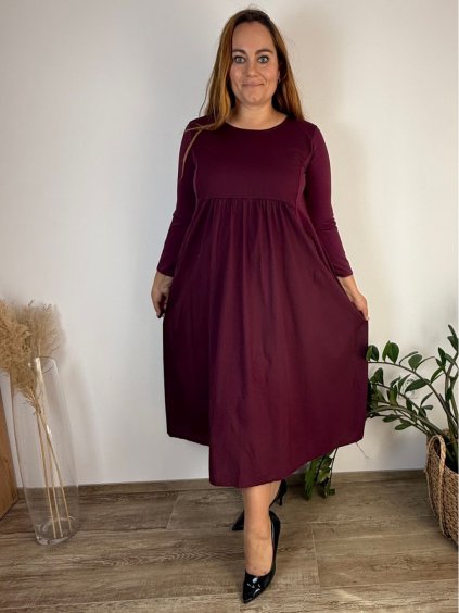 Šaty dlouhé volnočasové dlouhý rukáv dámské nadrozměr (46/48/50 ONE SIZE) ITALSKÁ MÓDA IMSM251126/DU (Velikost 46/48/50, Barva vínová)