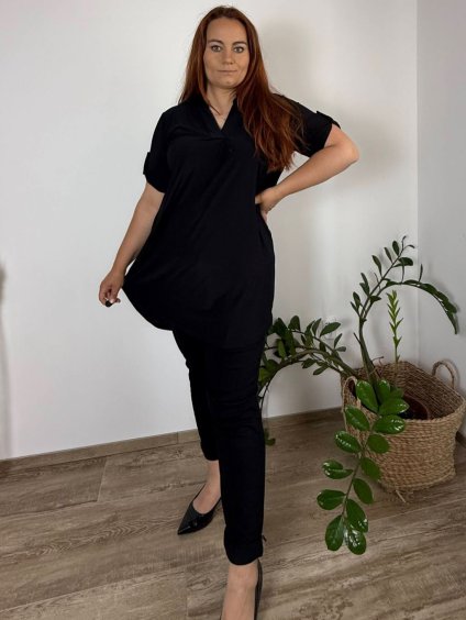 Tunika prodloužená krátký rukáv dámská nadrozměr (2XL/3XL ONE SIZE) ITALSKá MóDA IM3251114/DUR (Velikost 2XL/3XL, Barva Černá)
